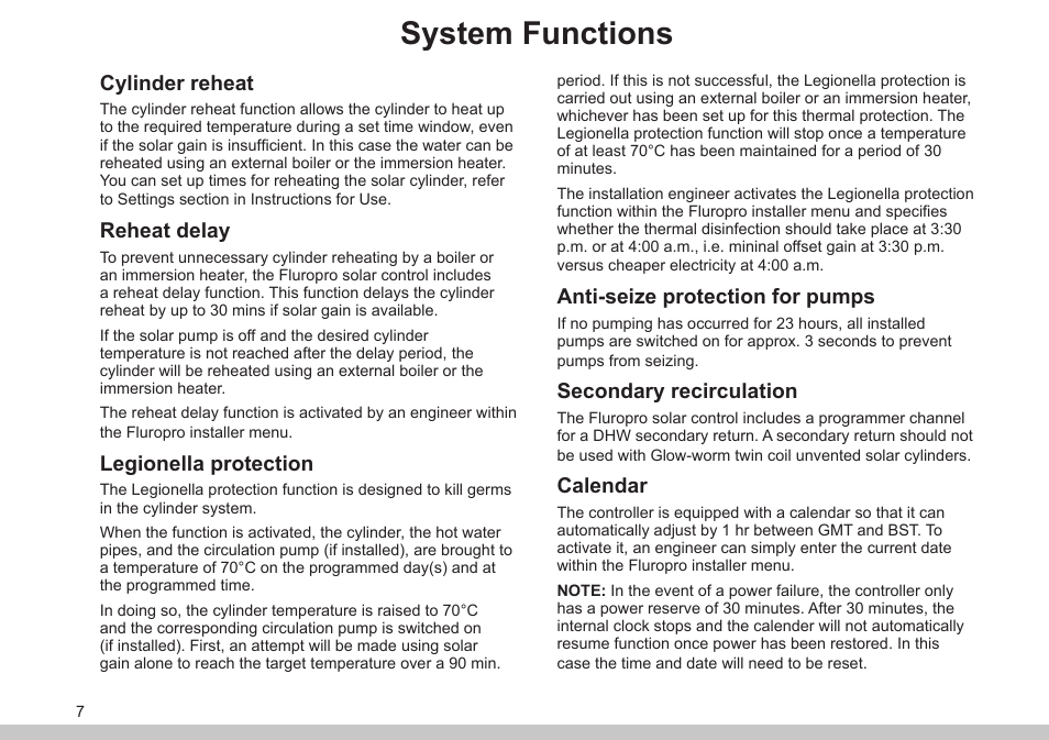 System functions, Cylinder reheat, Reheat delay | Legionella protection, Anti-seize protection for pumps, Secondary recirculation, Calendar | Glow-worm Clearly Solar Controller User Manual | Page 7 / 28