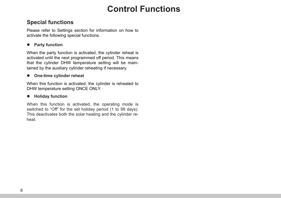 Control functions, Special functions | Glow-worm Clearly Solar Controller User Manual | Page 8 / 28