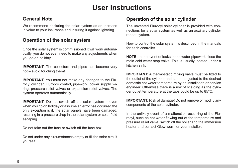 User instructions, Operation of the solar system, Operation of the solar cylinder | Glow-worm Clearly Solar Controller User Manual | Page 9 / 28