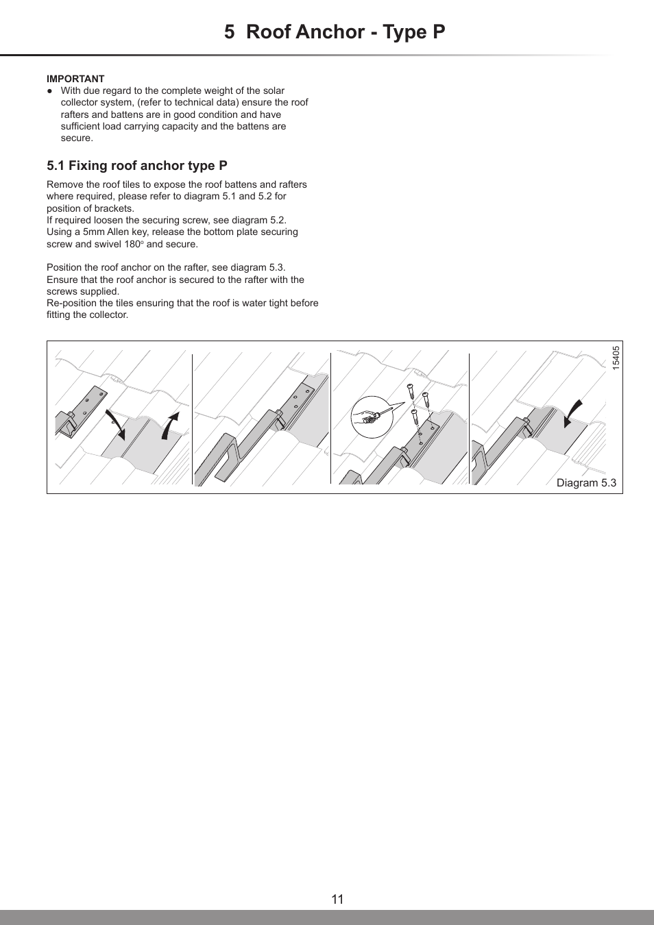5 roof anchor - type p, 1 fixing roof anchor type p | Glow-worm Clearly Solar Horizontal On-Roof Collector User Manual | Page 11 / 16