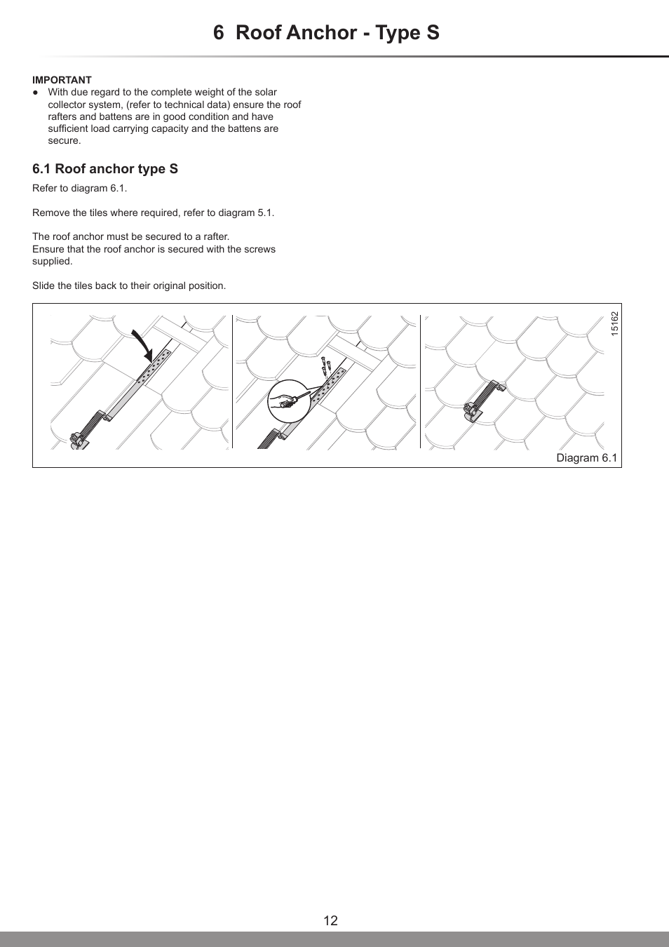 6 roof anchor - type s, 1 roof anchor type s | Glow-worm Clearly Solar Horizontal On-Roof Collector User Manual | Page 12 / 16