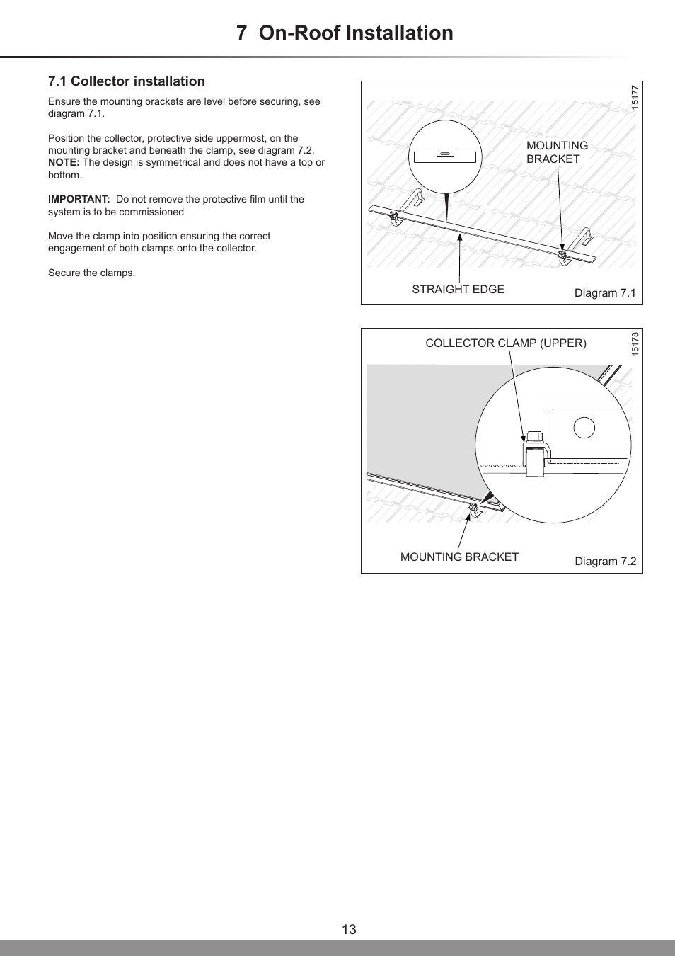 7 on-roof installation, 1 collector installation | Glow-worm Clearly Solar Horizontal On-Roof Collector User Manual | Page 13 / 16
