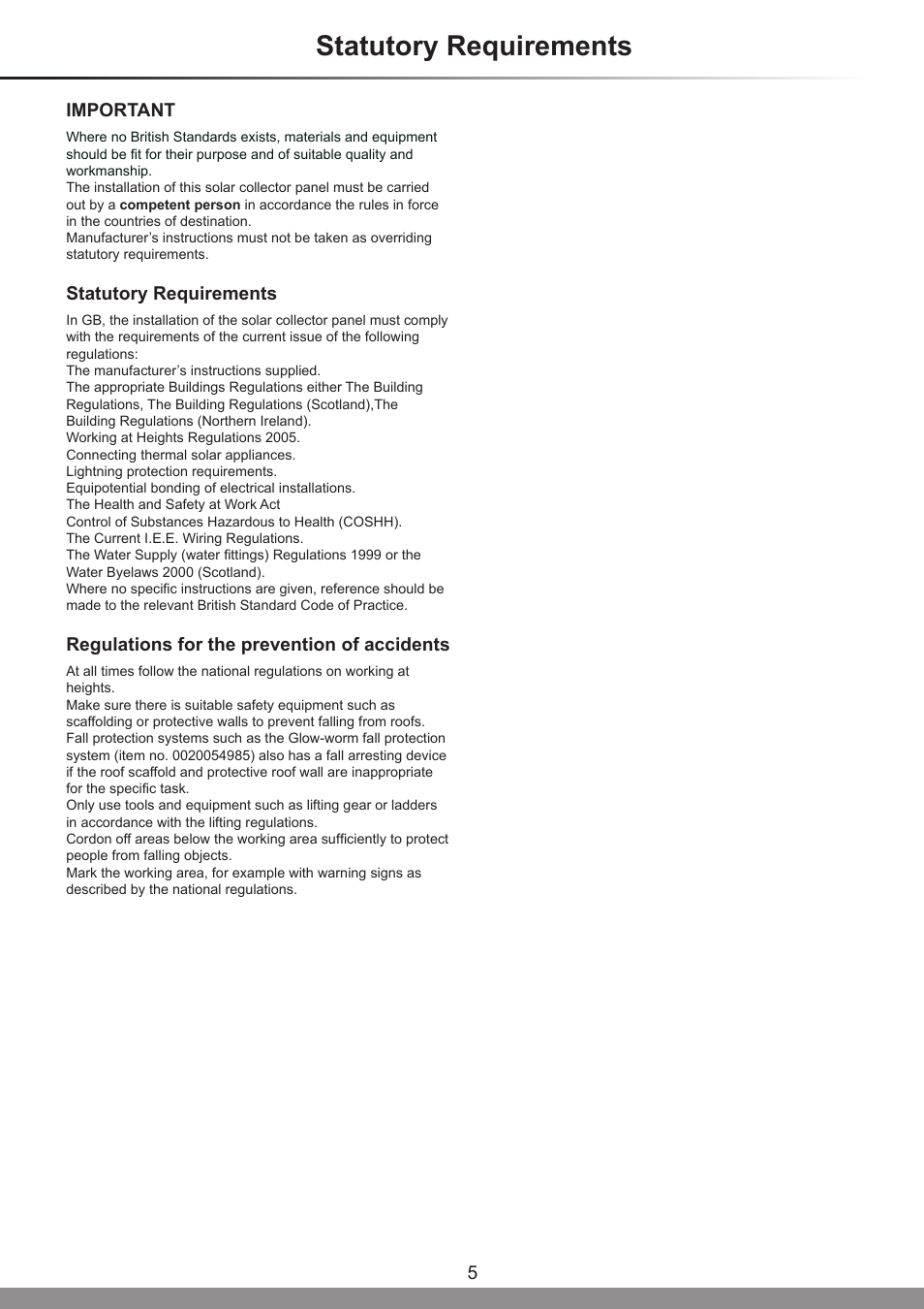 Statutory requirements, Important, Regulations for the prevention of accidents | Glow-worm Clearly Solar Horizontal On-Roof Collector User Manual | Page 5 / 16