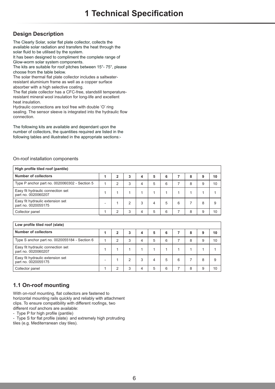 1 technical specification, 6design description, 1 on-roof mounting | Glow-worm Clearly Solar Horizontal On-Roof Collector User Manual | Page 6 / 16