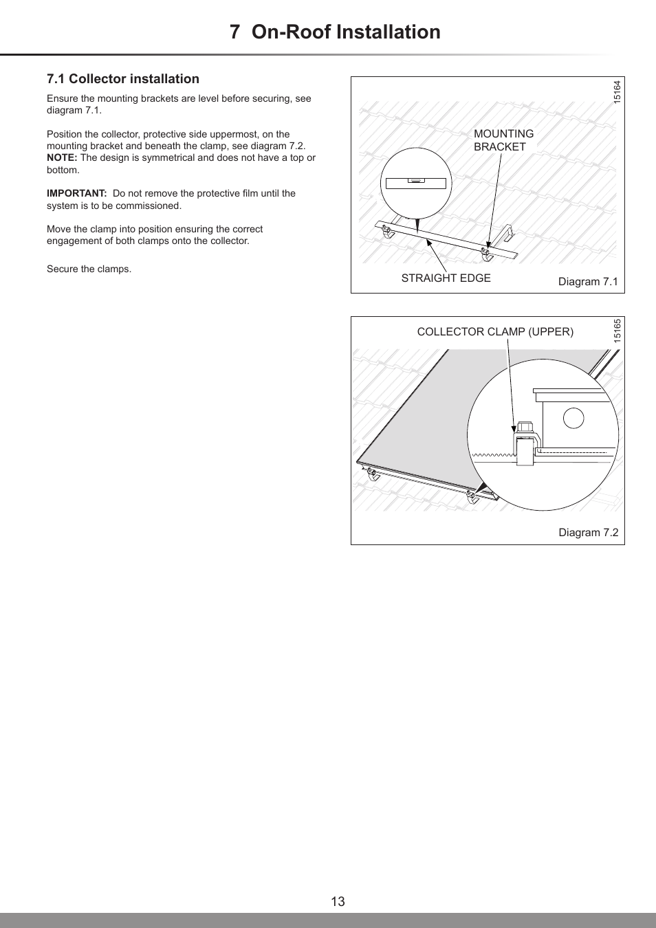 7 on-roof installation, 1 collector installation | Glow-worm Clearly Solar Vertical On-Roof Collector User Manual | Page 13 / 16