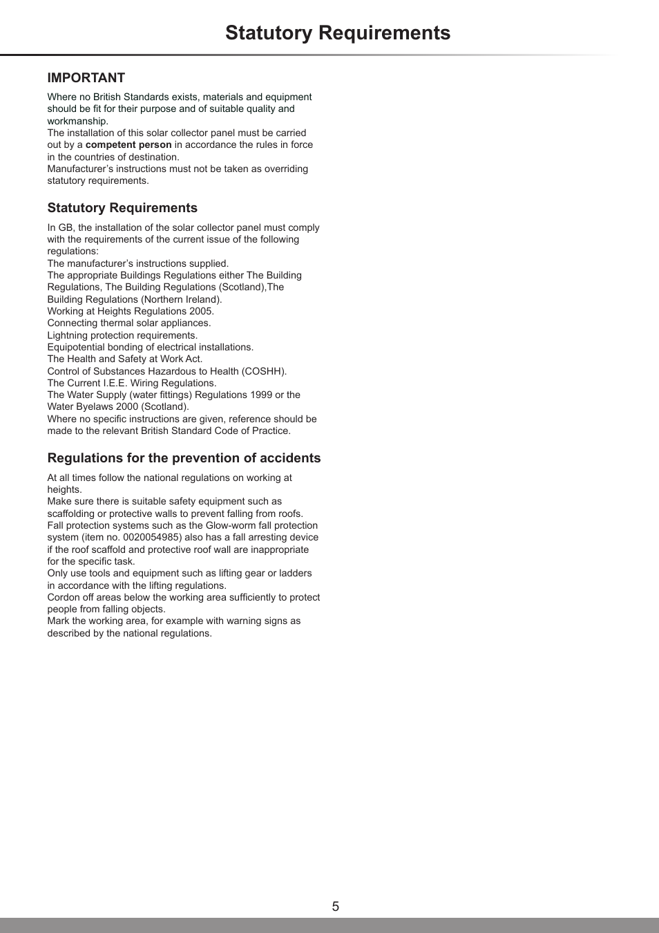 Statutory requirements, Important, Regulations for the prevention of accidents | Glow-worm Clearly Solar Vertical On-Roof Collector User Manual | Page 5 / 16