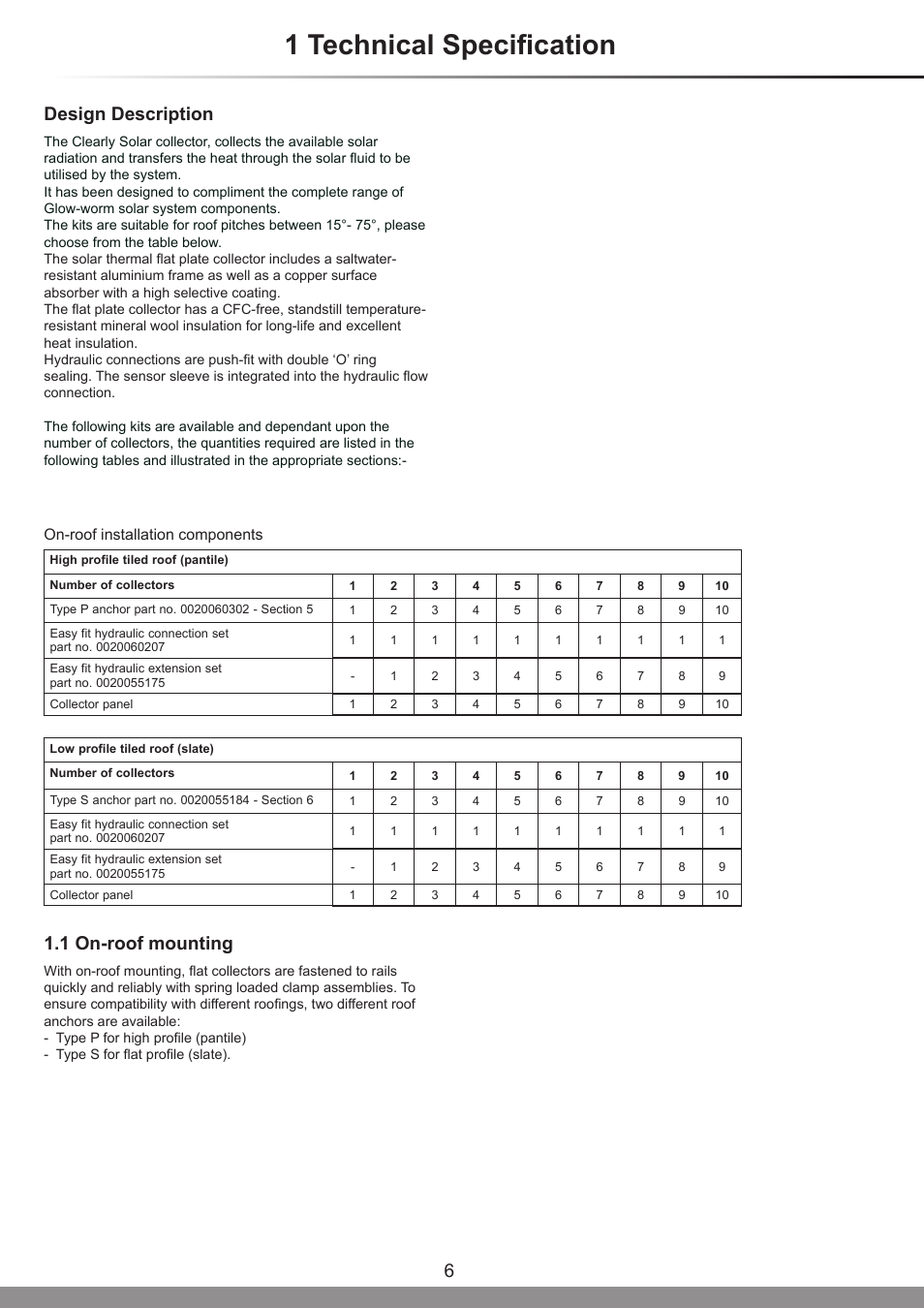 1 technical specification, 6design description, 1 on-roof mounting | Glow-worm Clearly Solar Vertical On-Roof Collector User Manual | Page 6 / 16