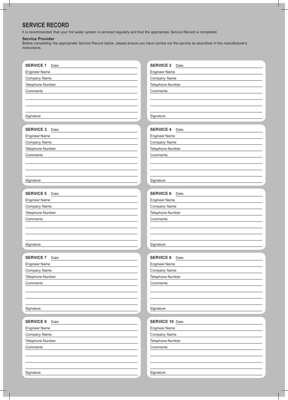 Installation, Service record | Glow-worm Clearly Solar Cylinders User Manual | Page 31 / 32