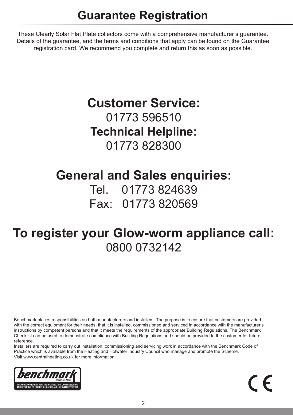 Customer service, General and sales enquiries, Guarantee registration | Glow-worm Clearly Solar - A-Frame User Manual | Page 2 / 28