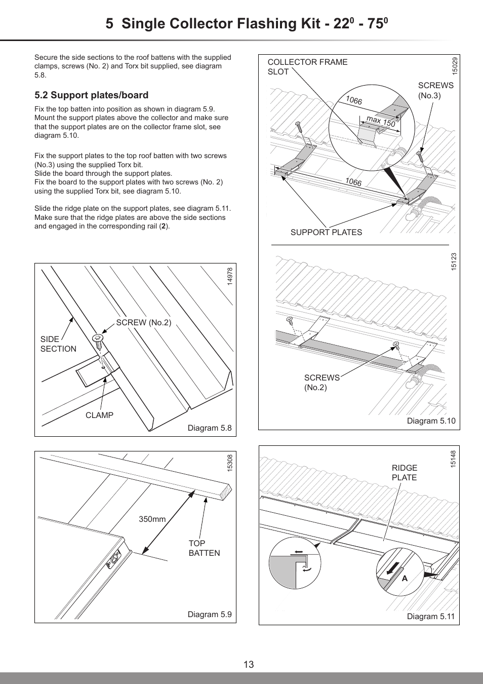 5 single collector flashing kit - 22, 2 support plates/board | Glow-worm Clearly Solar Horizontal In-Roof Collector User Manual | Page 13 / 32