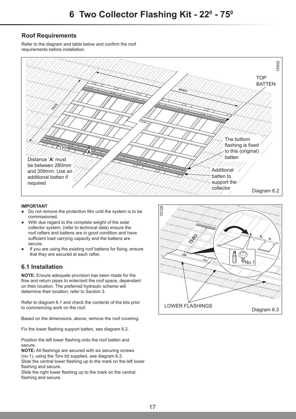6 two collector flashing kit - 22, 17 roof requirements, 1 installation | Glow-worm Clearly Solar Horizontal In-Roof Collector User Manual | Page 17 / 32