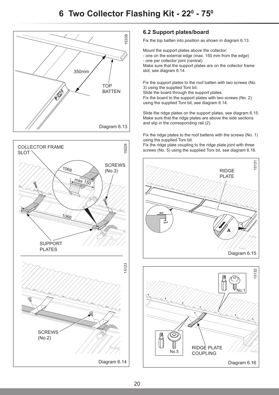 6 two collector flashing kit - 22, 2 support plates/board | Glow-worm Clearly Solar Horizontal In-Roof Collector User Manual | Page 20 / 32