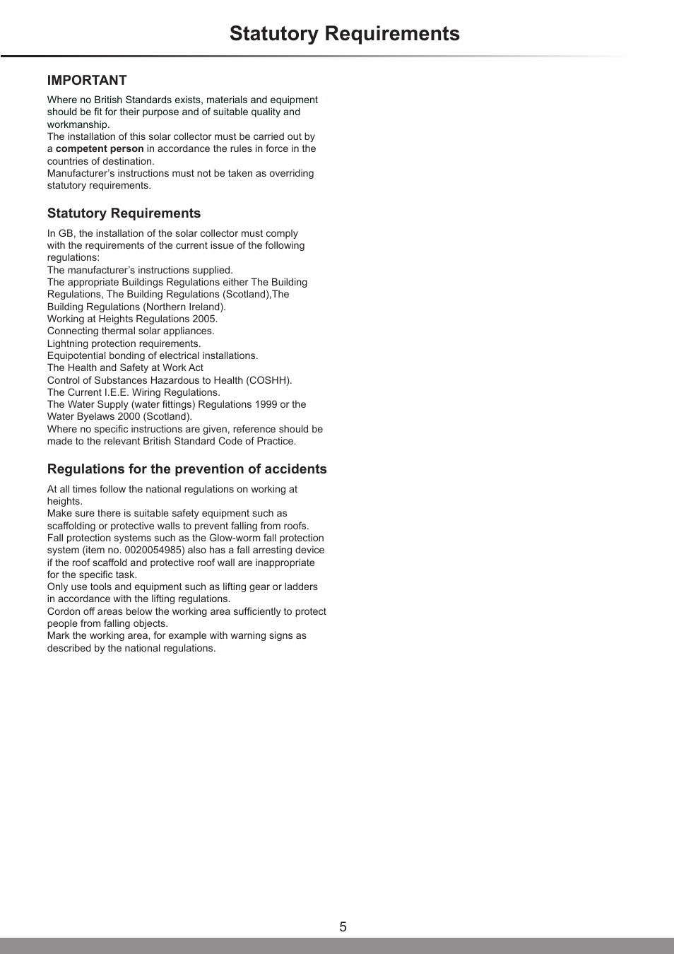 Statutory requirements, Important, Regulations for the prevention of accidents | Glow-worm Clearly Solar Horizontal In-Roof Collector User Manual | Page 5 / 32