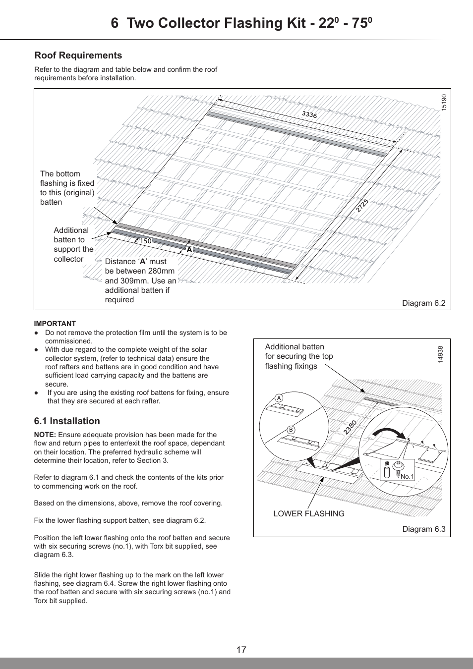 6 two collector flashing kit - 22, Roof requirements, 1 installation | Glow-worm Clearly Solar Vertical In-Roof Collector User Manual | Page 17 / 44
