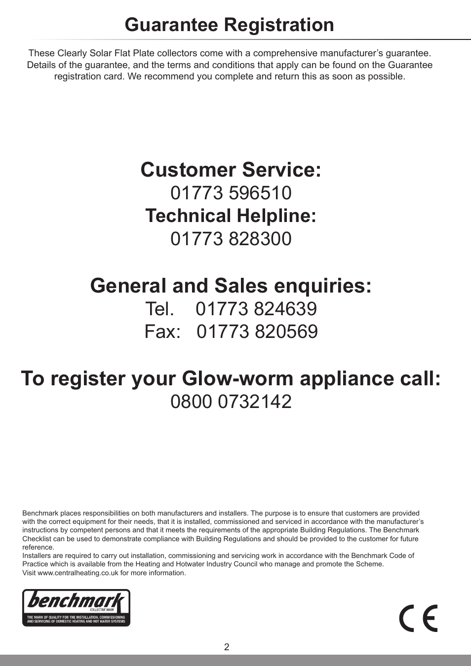 Customer service, General and sales enquiries, Guarantee registration | Glow-worm Clearly Solar Vertical In-Roof Collector User Manual | Page 2 / 44