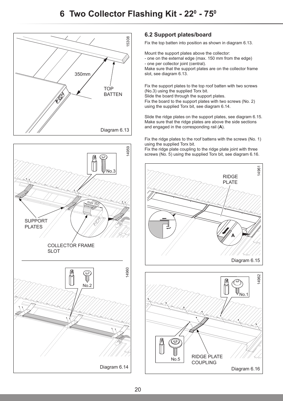 6 two collector flashing kit - 22, 2 support plates/board | Glow-worm Clearly Solar Vertical In-Roof Collector User Manual | Page 20 / 44
