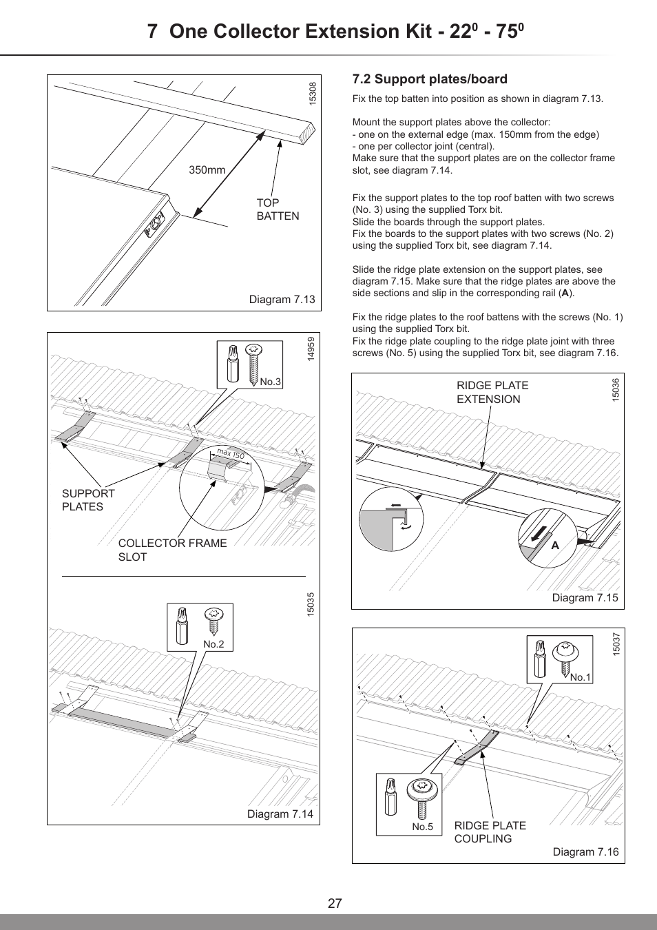 7 one collector extension kit - 22, 2 support plates/board | Glow-worm Clearly Solar Vertical In-Roof Collector User Manual | Page 27 / 44