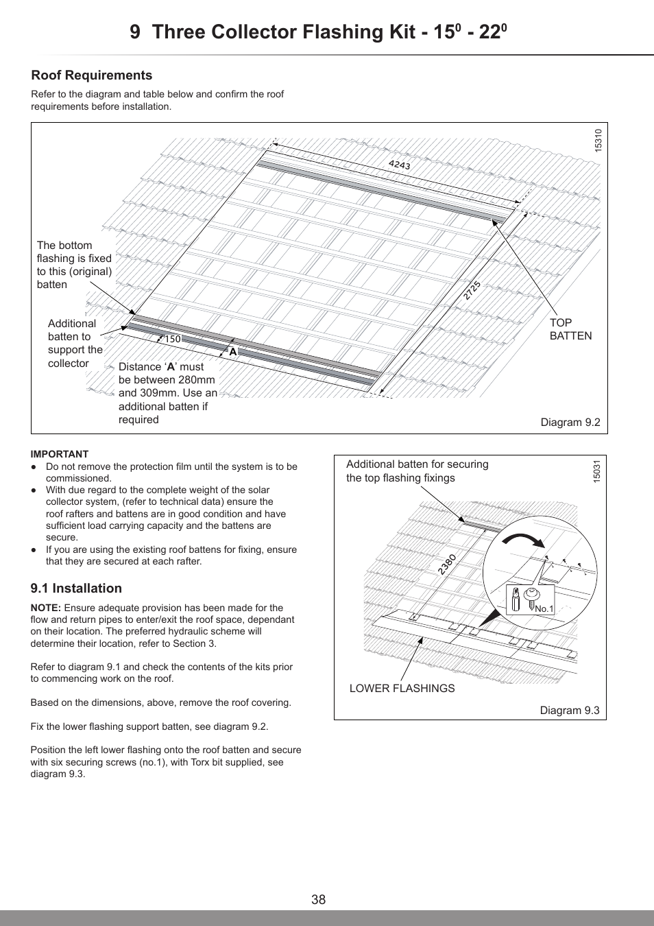 9 three collector flashing kit - 15, Roof requirements, 1 installation | Glow-worm Clearly Solar Vertical In-Roof Collector User Manual | Page 38 / 44
