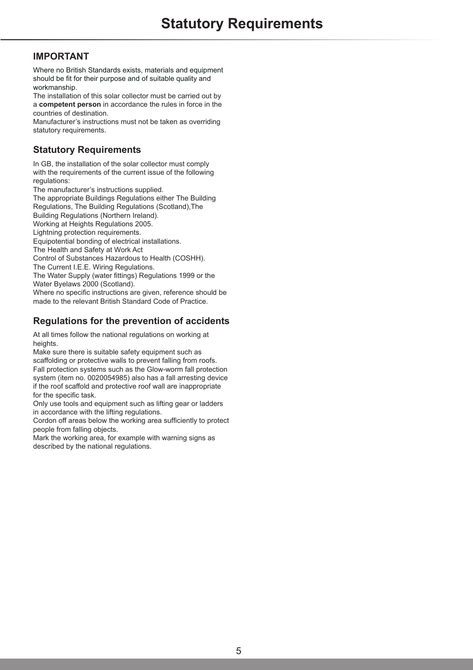 Statutory requirements, Important, Regulations for the prevention of accidents | Glow-worm Clearly Solar Vertical In-Roof Collector User Manual | Page 5 / 44