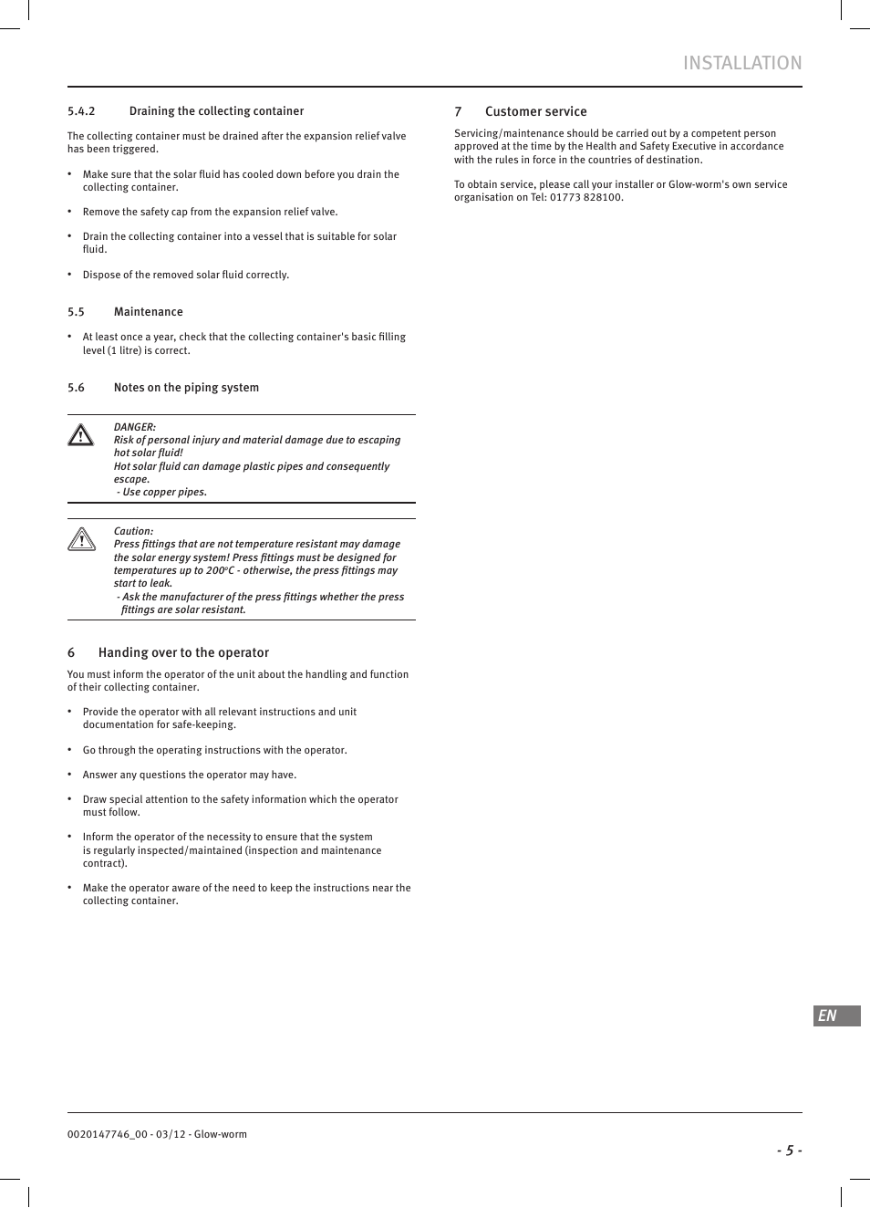 Installation | Glow-worm Clearly Solar Collector Container User Manual | Page 7 / 8