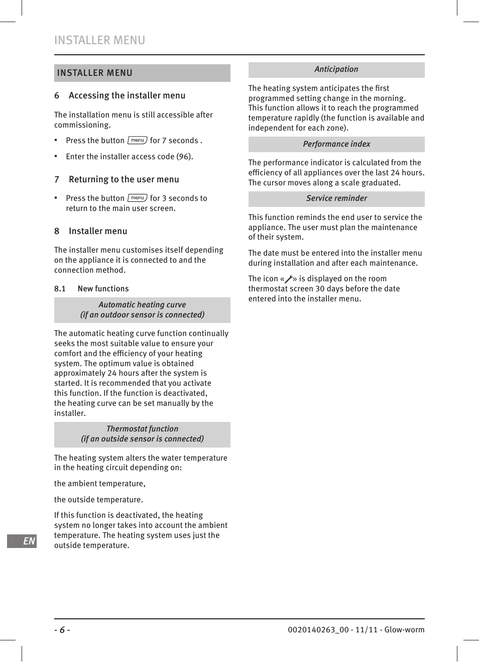 Installer menu | Glow-worm Climapro 1 User Manual | Page 6 / 12