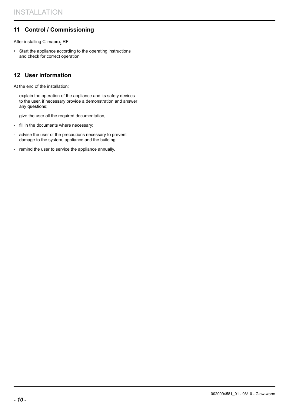 Installation, 11 control / commissioning, 12 user information | Glow-worm Climapro2 RF User Manual | Page 12 / 16