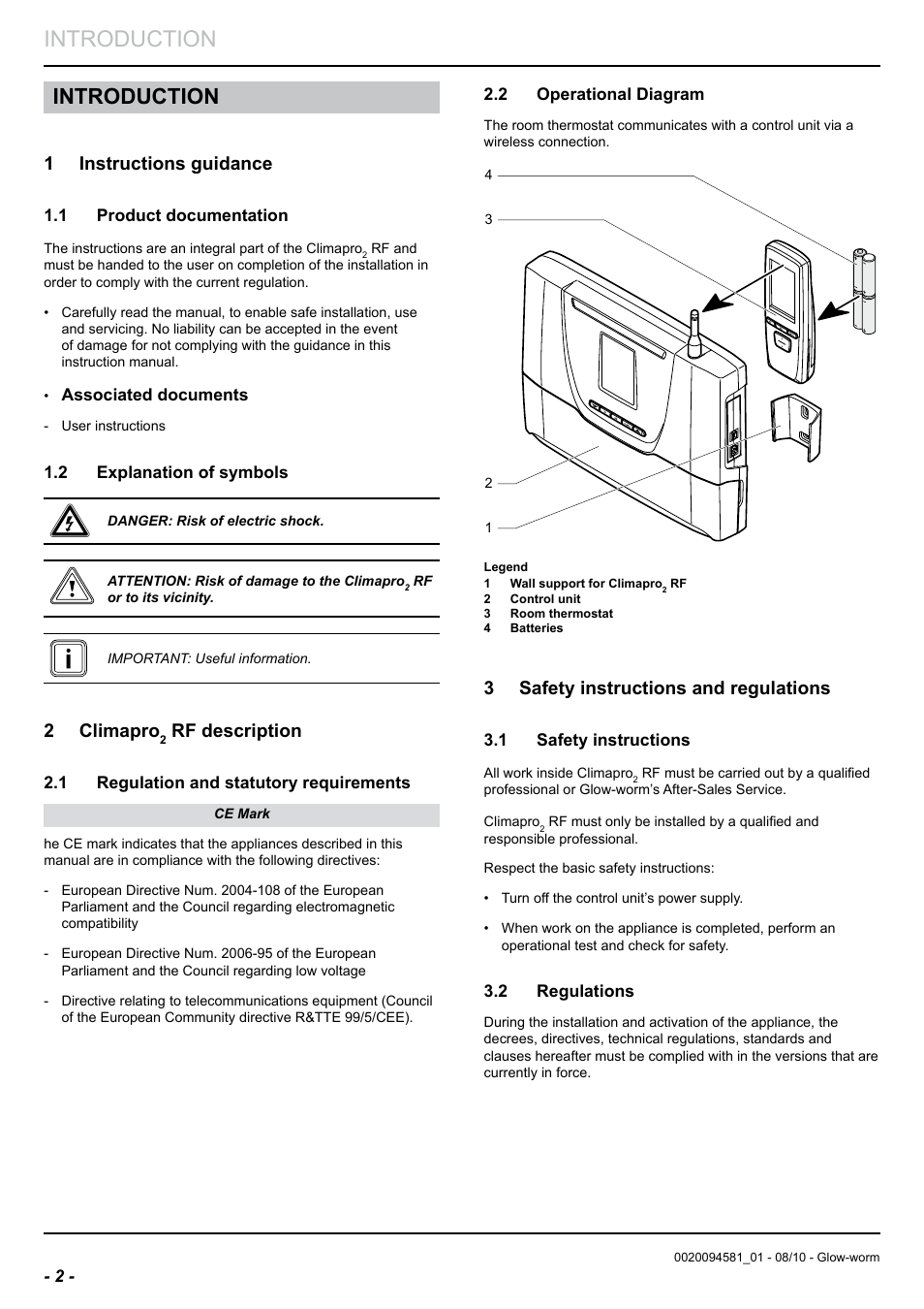 Introduction, 1 instructions guidance, 2 climapro | Rf description, 3 safety instructions and regulations | Glow-worm Climapro2 RF User Manual | Page 4 / 16