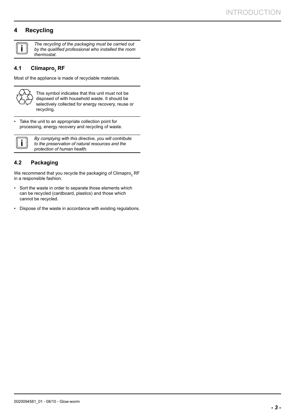 Introduction, 4 recycling | Glow-worm Climapro2 RF User Manual | Page 5 / 16