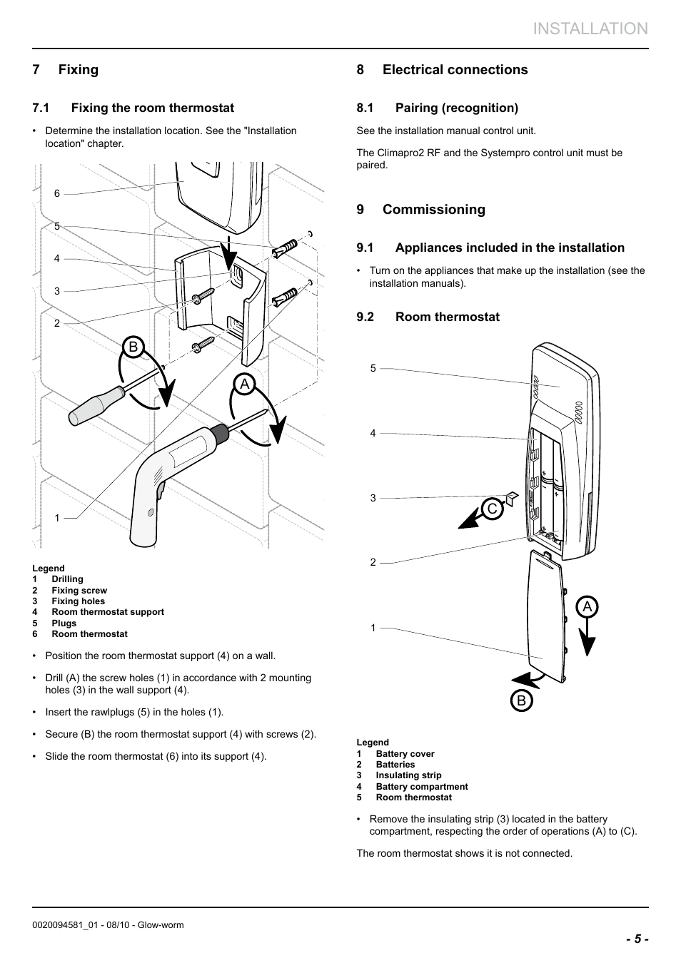 Installation, Ba c, 7 fixing | 8 electrical connections, 9 commissioning | Glow-worm Climapro2 RF User Manual | Page 7 / 16