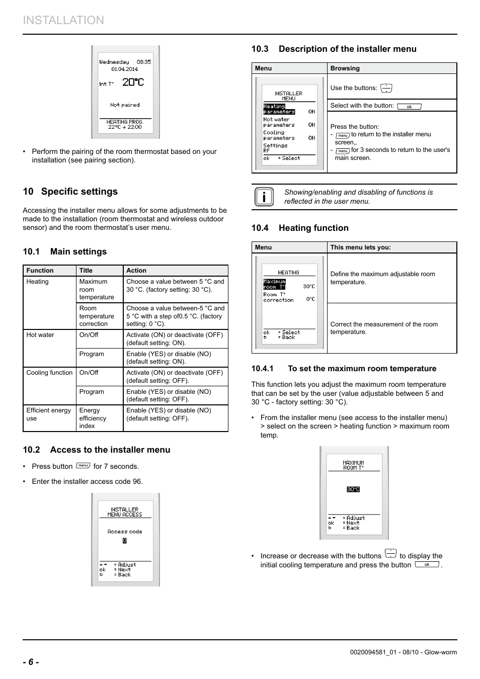 Installation, 10 specific settings, 1 main settings | 2 access to the installer menu, 3 description of the installer menu, 4 heating function | Glow-worm Climapro2 RF User Manual | Page 8 / 16