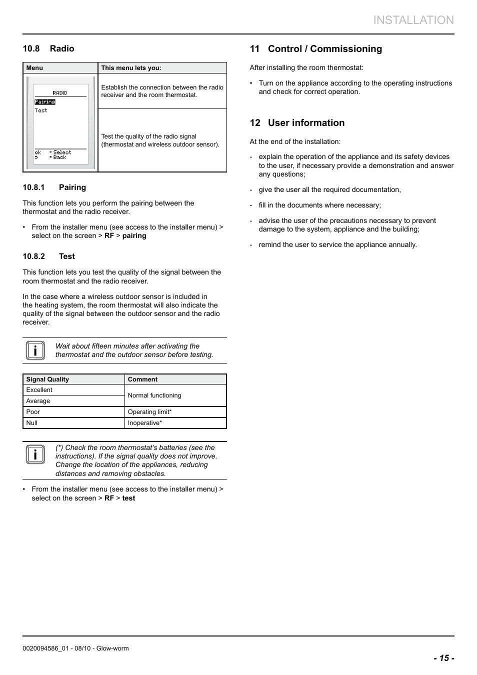 Installation, 11 control / commissioning, 12 user information | Glow-worm Climapro2 RF User Manual | Page 17 / 24