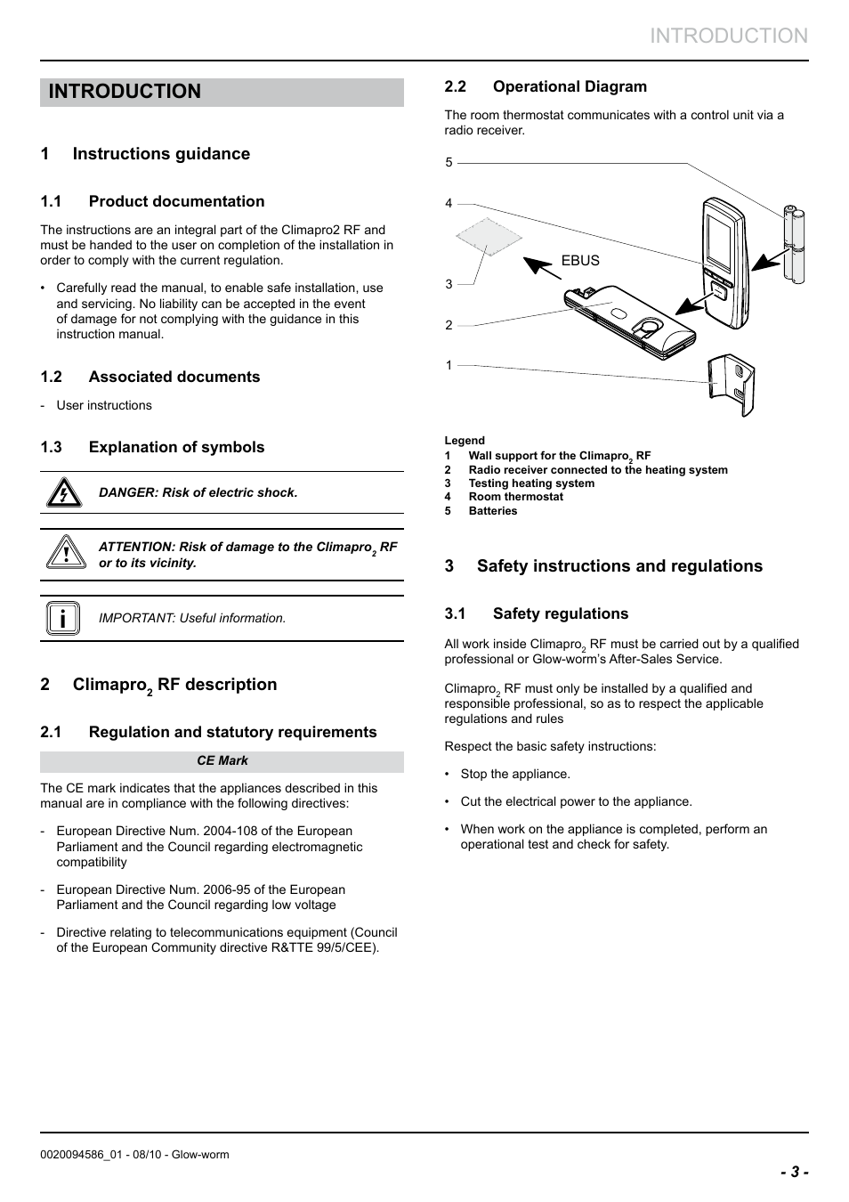 Introduction, 1 instructions guidance, 2 climapro | Rf description, 3 safety instructions and regulations | Glow-worm Climapro2 RF User Manual | Page 5 / 24