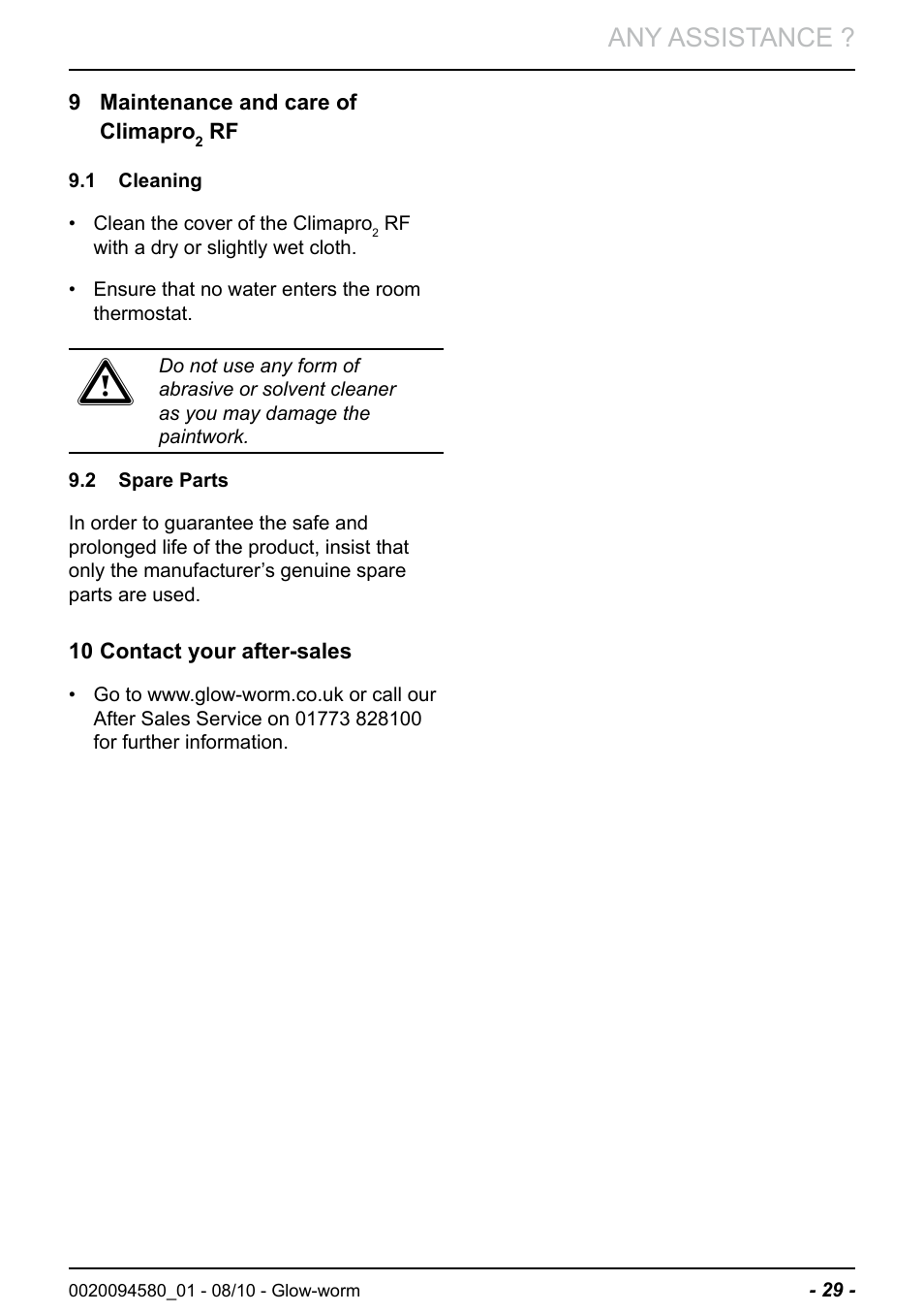 Any assistance | Glow-worm Climapro2 RF User Manual | Page 31 / 36