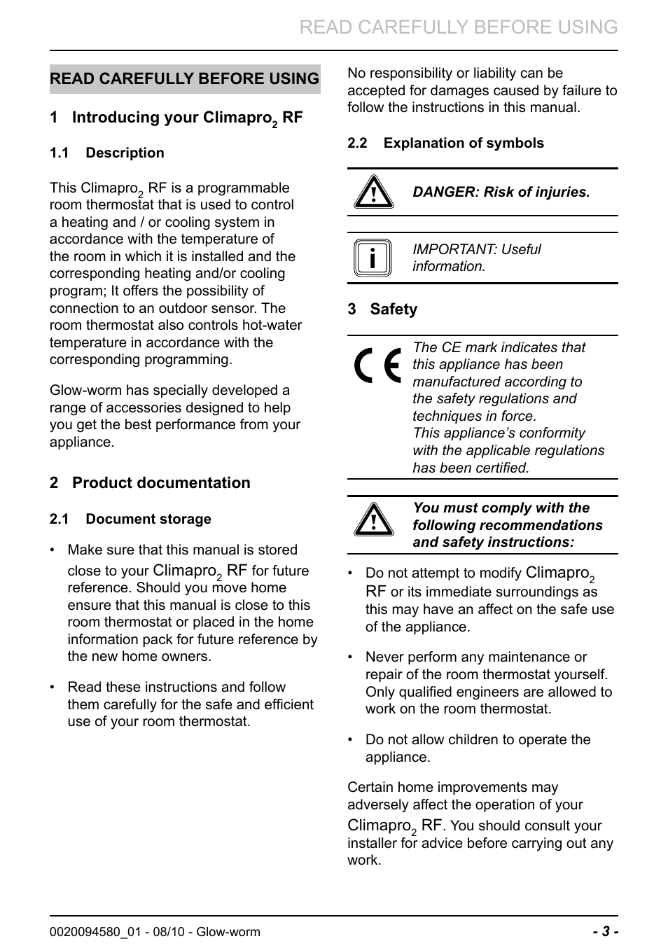 Read carefully before using | Glow-worm Climapro2 RF User Manual | Page 5 / 36