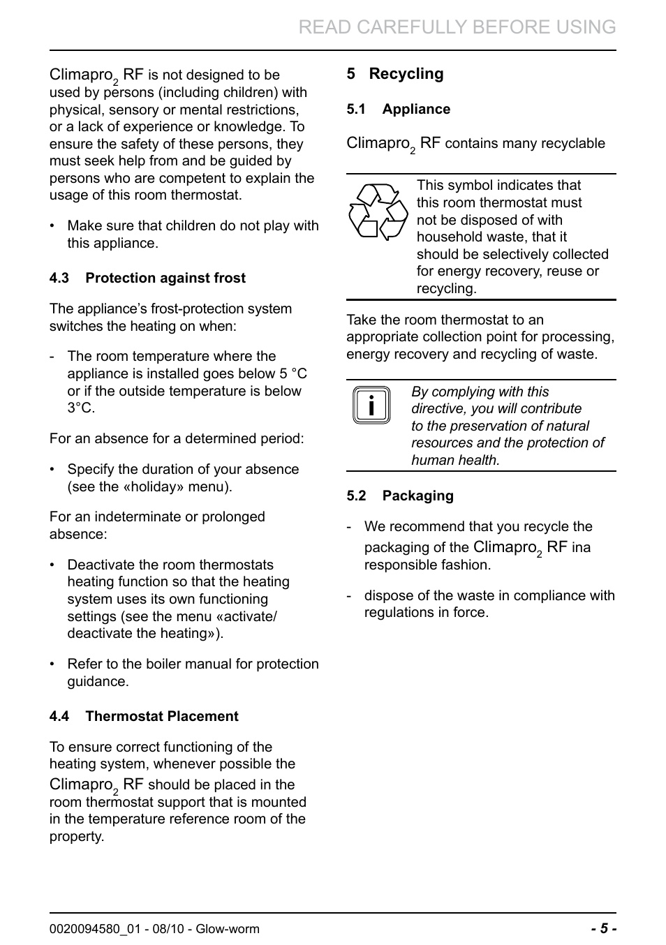 Read carefully before using | Glow-worm Climapro2 RF User Manual | Page 7 / 36