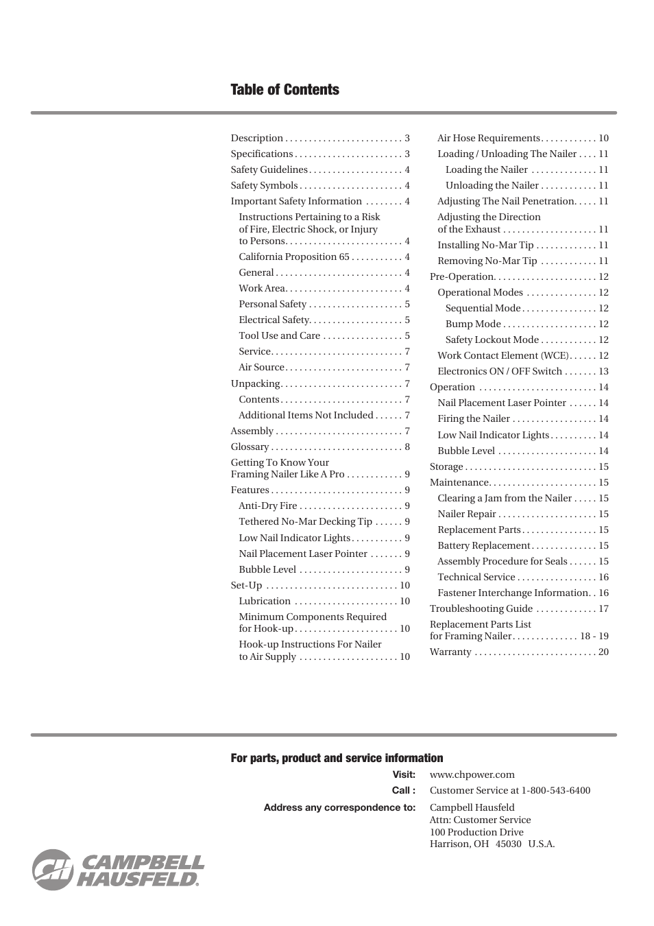 Campbell Hausfeld CHN70800 User Manual | Page 2 / 60