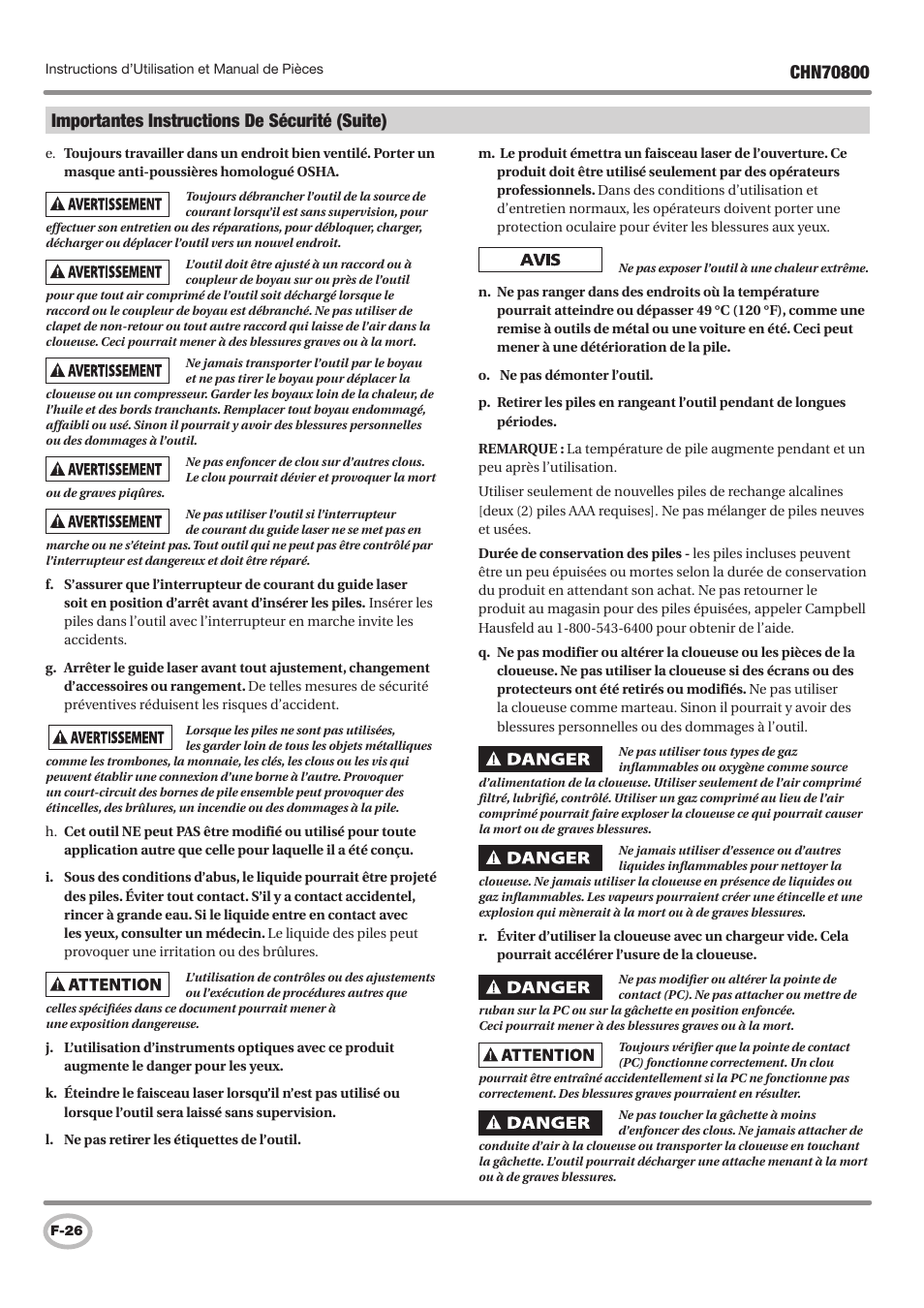 Importantes instructions de sécurité (suite) | Campbell Hausfeld CHN70800 User Manual | Page 26 / 60