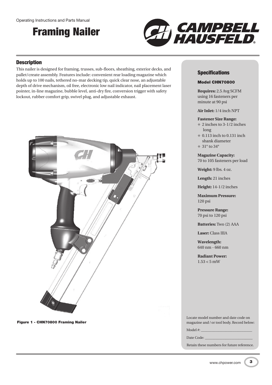 Framing nailer, Description, Specifications | Campbell Hausfeld CHN70800 User Manual | Page 3 / 60