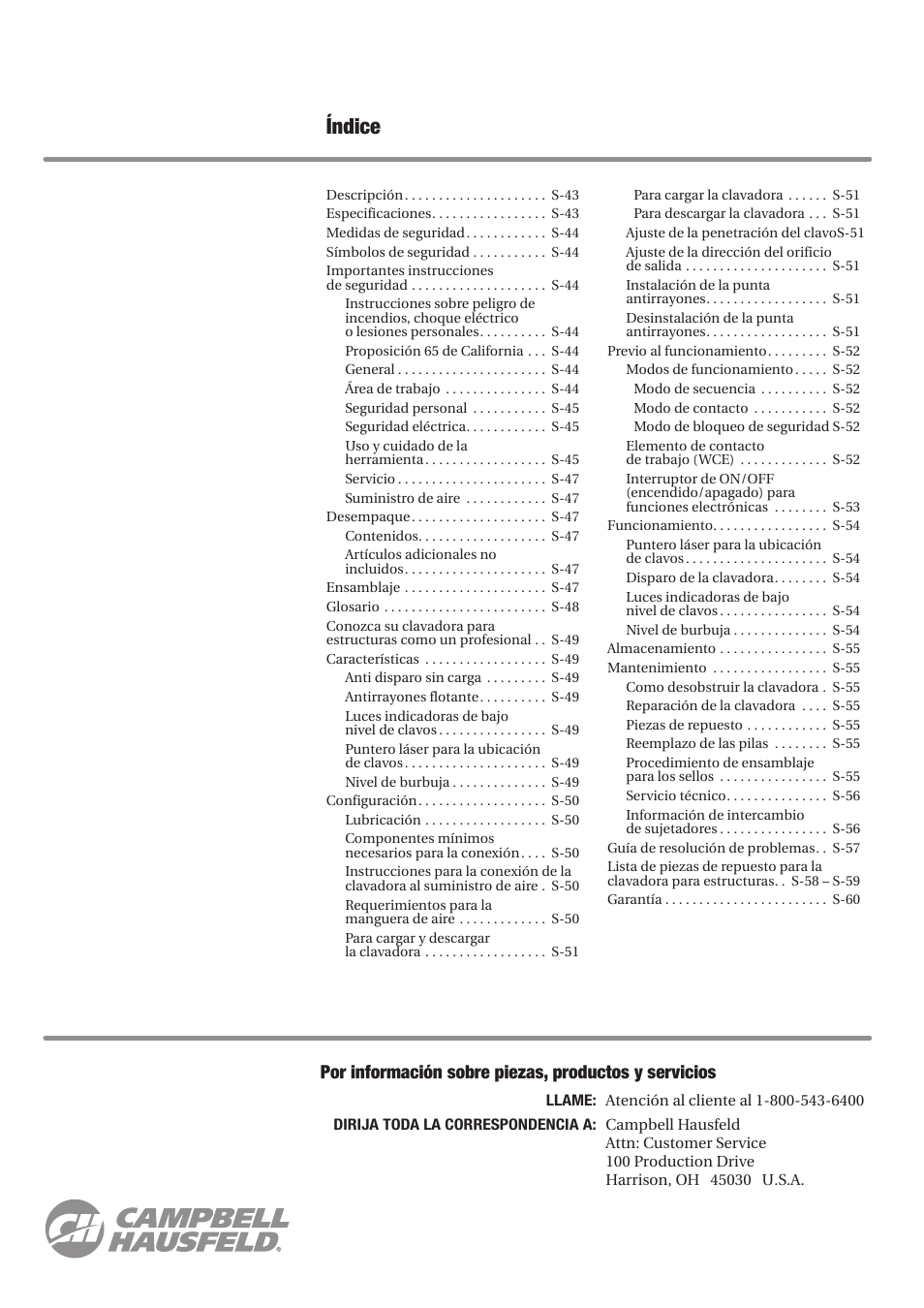 Índice | Campbell Hausfeld CHN70800 User Manual | Page 42 / 60