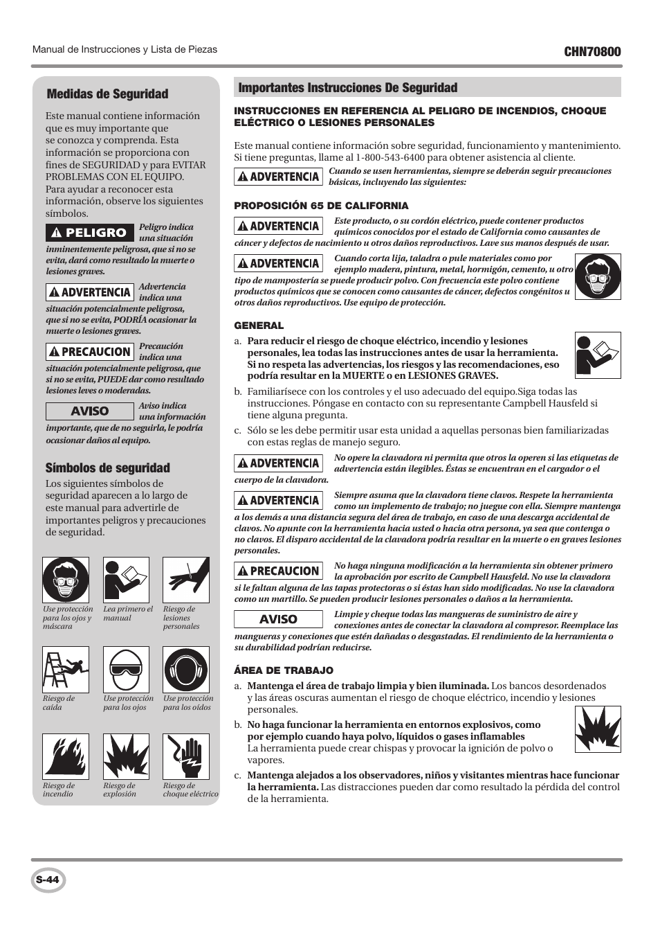 Importantes instrucciones de seguridad, Medidas de seguridad, Símbolos de seguridad | Campbell Hausfeld CHN70800 User Manual | Page 44 / 60