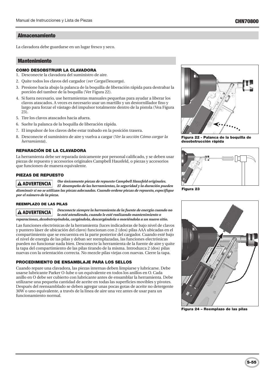 Mantenimiento, Almacenamiento | Campbell Hausfeld CHN70800 User Manual | Page 55 / 60