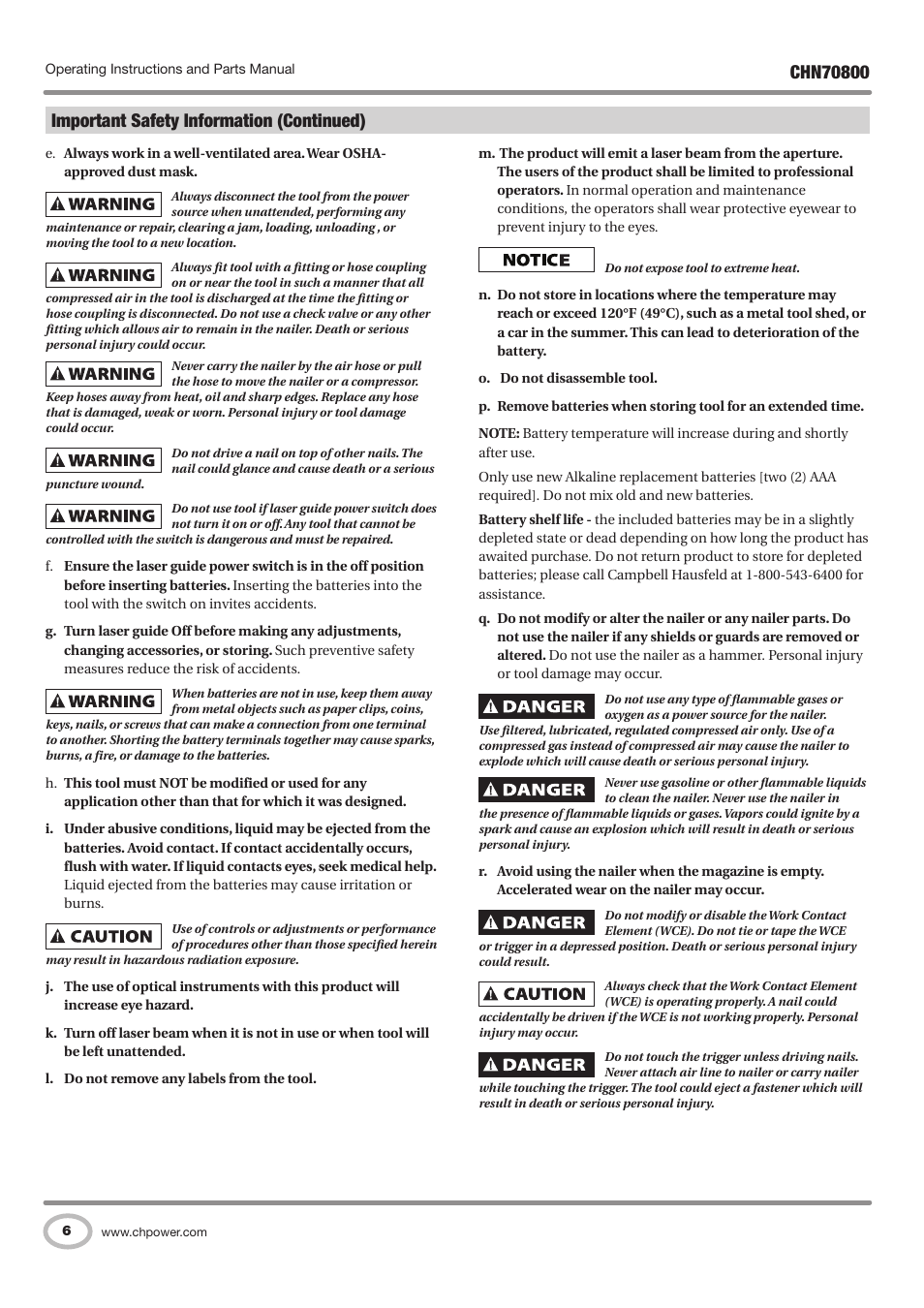 Important safety information (continued) | Campbell Hausfeld CHN70800 User Manual | Page 6 / 60