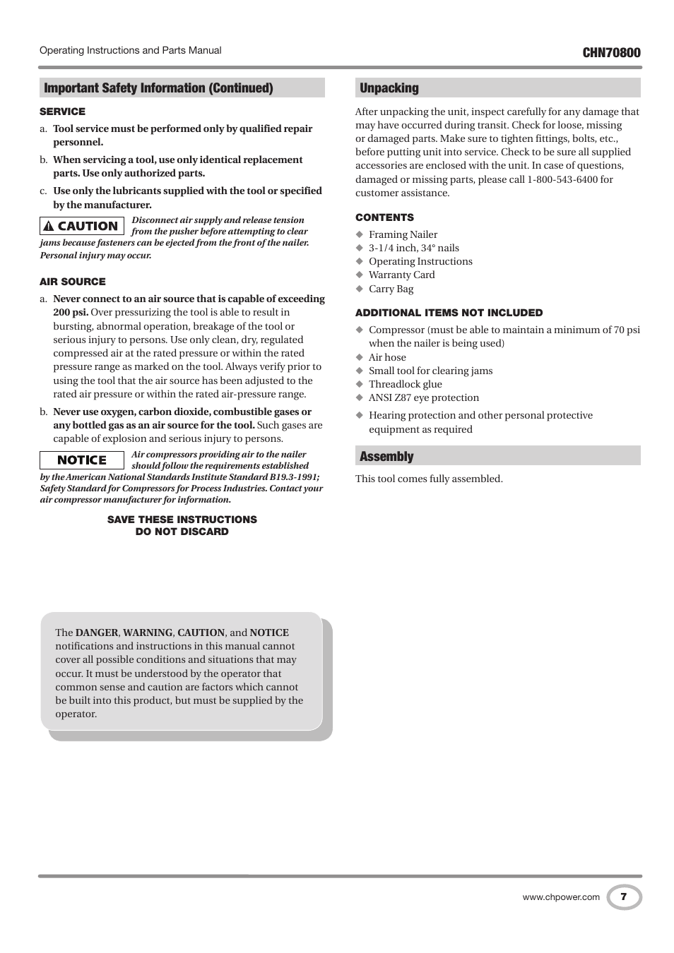 Important safety information (continued), Unpacking, Assembly | Campbell Hausfeld CHN70800 User Manual | Page 7 / 60