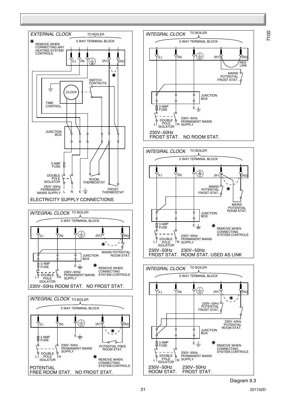 9 electrical connections, Potential free room stat. no frost stat | Glow-worm Compact 80E User Manual | Page 21 / 44