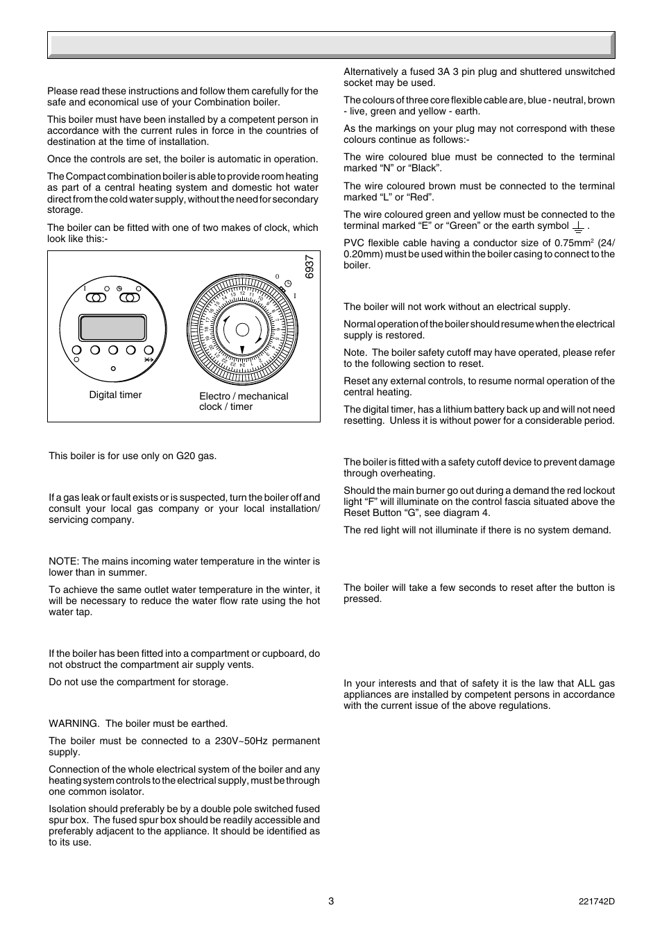 Instructions for use, Introduction, Important notice | Gas leak or fault, Mains water temperature, Boilers installed in compartments, Electrical supply, Electrical supply failure, Boiler safety cutoff reset button, The gas safety (installation & use) regulations | Glow-worm Compact 80E User Manual | Page 3 / 44