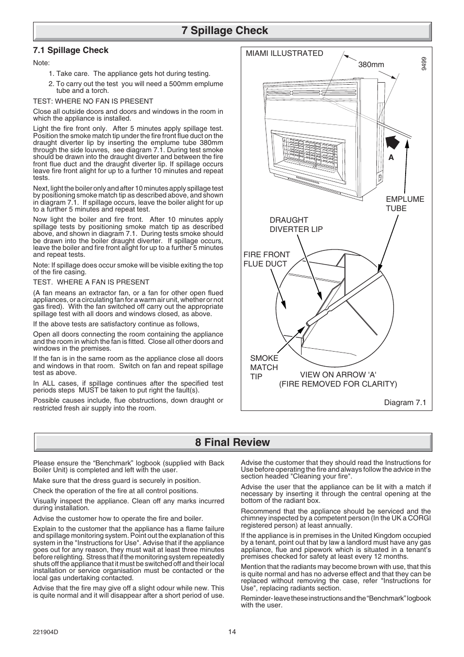 7 spillage check, 8 final review | Glow-worm Miami 4 User Manual | Page 14 / 20