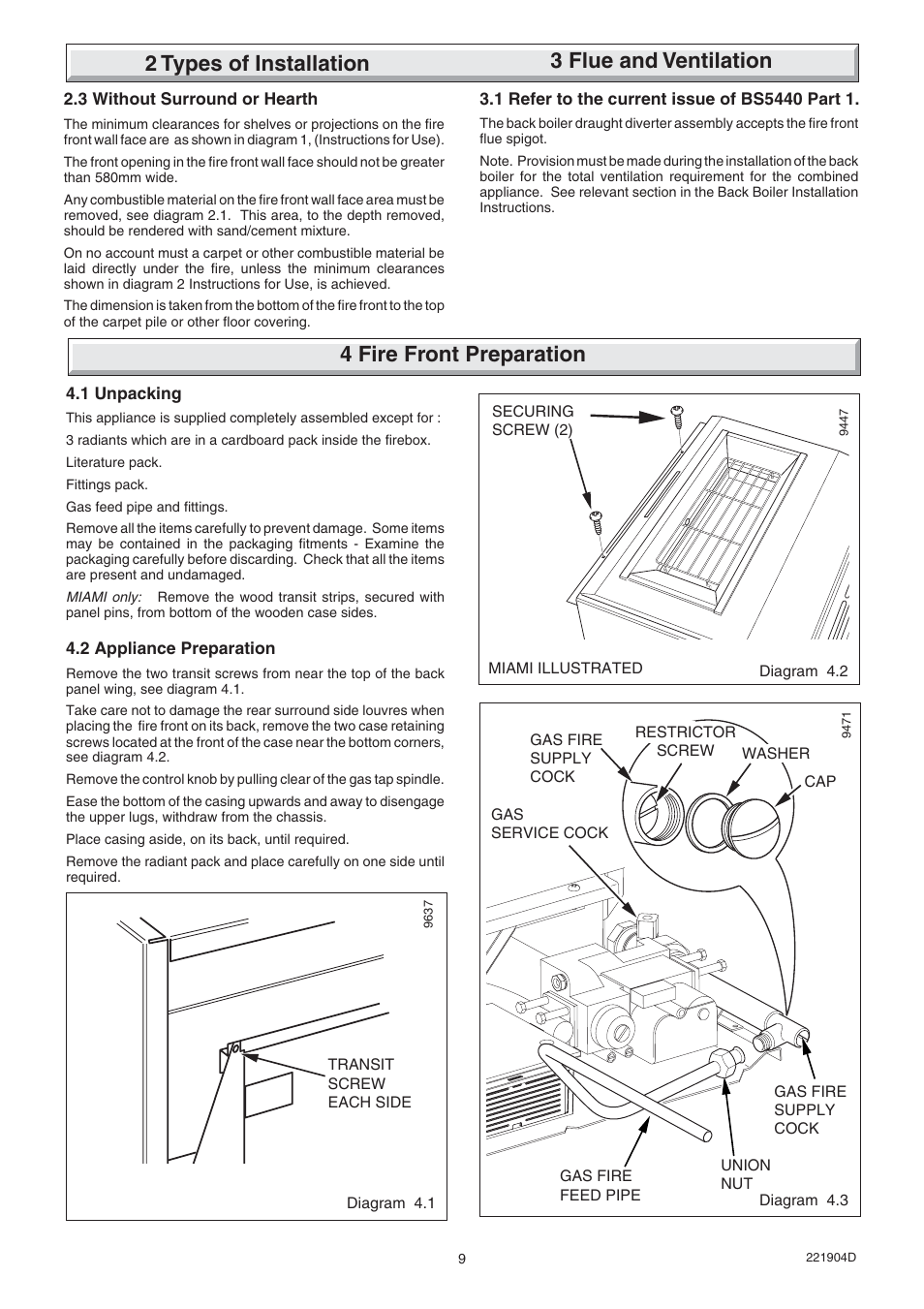 3 flue and ventilation, 4 fire front preparation, 2 types of installation | Glow-worm Miami 4 User Manual | Page 9 / 20