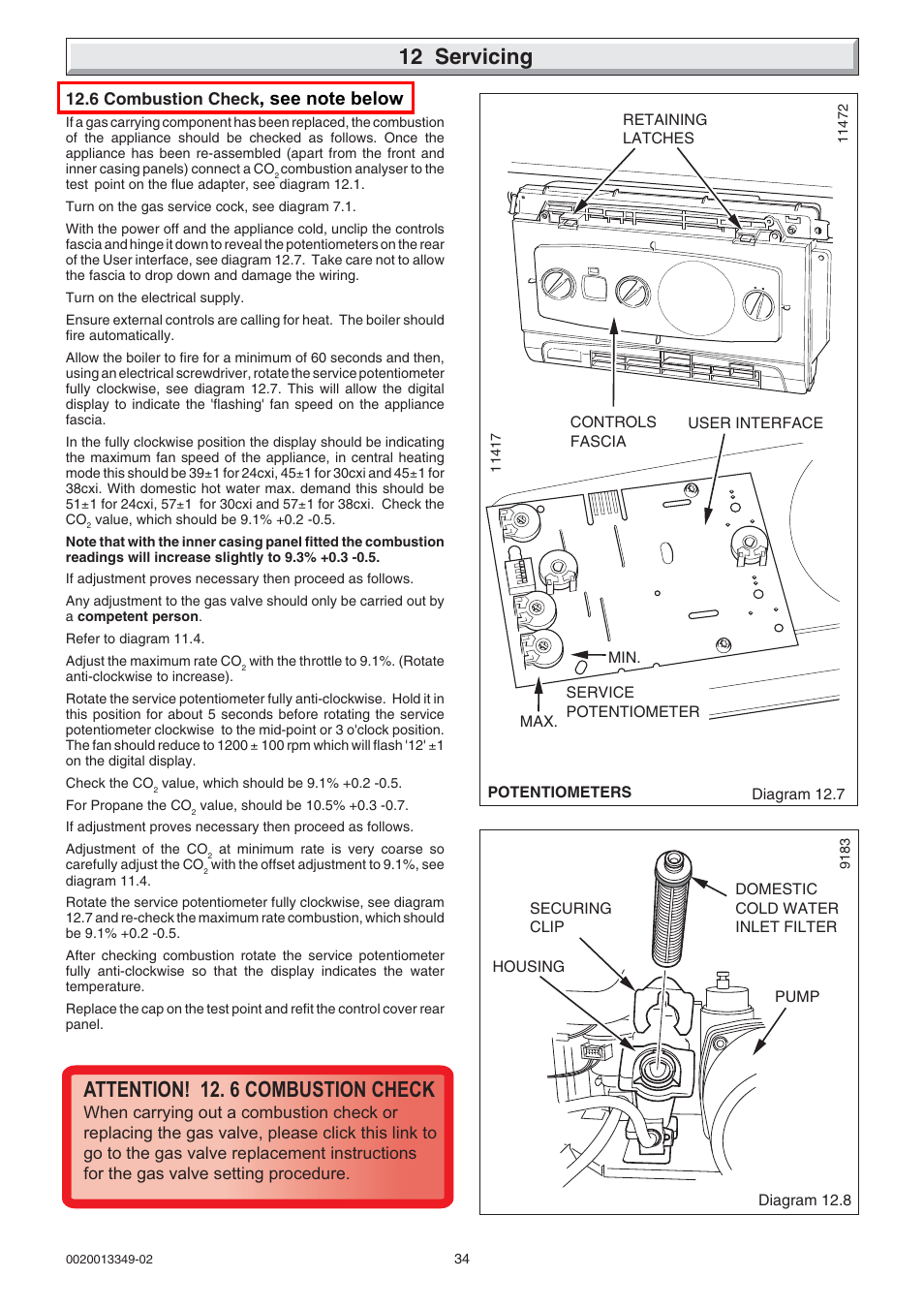 12 servicing, Attention! 12. 6 combustion check | Glow-worm cxi and Gas Valve User Manual | Page 34 / 56