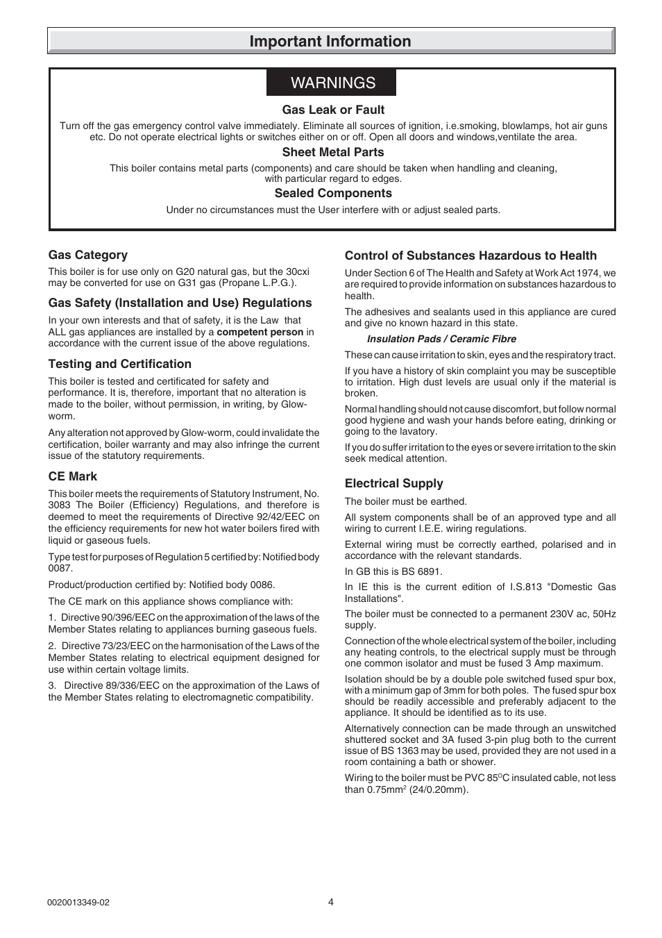 Warnings, Important information | Glow-worm cxi and Gas Valve User Manual | Page 4 / 56