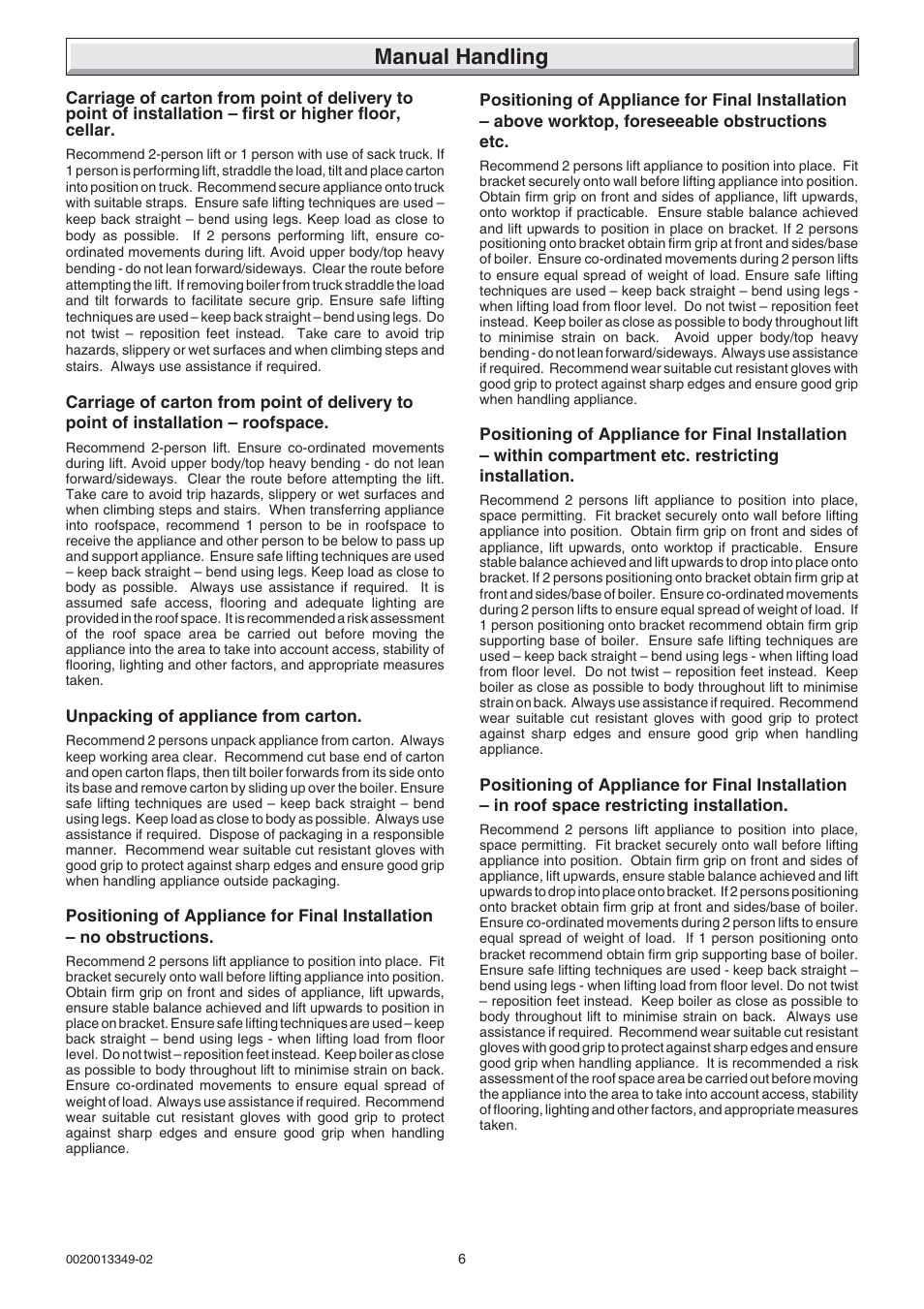 Manual handling | Glow-worm cxi and Gas Valve User Manual | Page 6 / 56